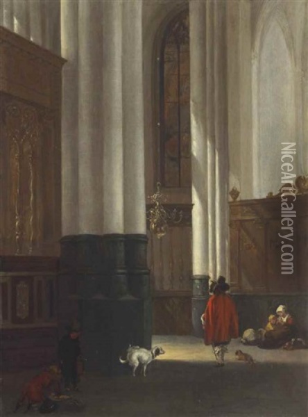 The Choir Of The New Church, Amsterdam, With Figures Oil Painting - Emanuel de Witte