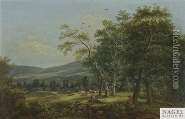 Weite Landschaft Mit Rindern Und Hirten Oil Painting - Franz Joseph Manskirch