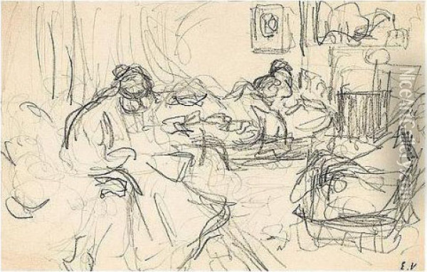 Edouard , -, Figures Dans Un 
Interieur, Stamped With The Initials , Pencil On Paper, 11 By 17 Cm., 4 
3/8 By 6 3/4 In Oil Painting - Jean-Edouard Vuillard