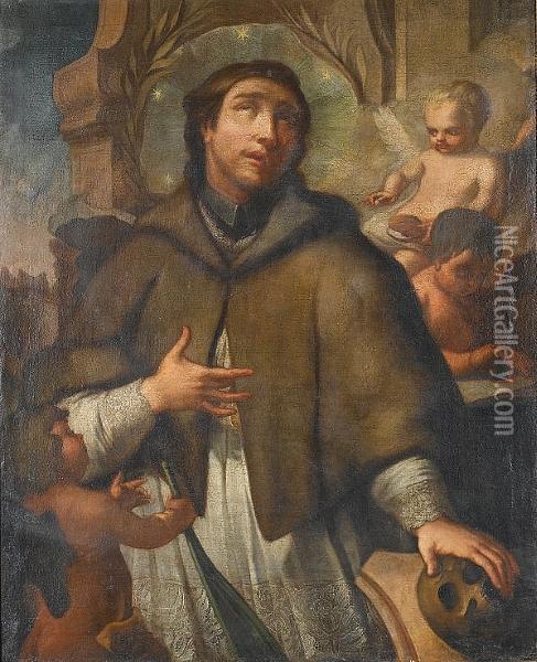 Saint Francis In Meditation Holding A Skull And Surrounded By Three Putti Oil Painting - Francesco Trevisani