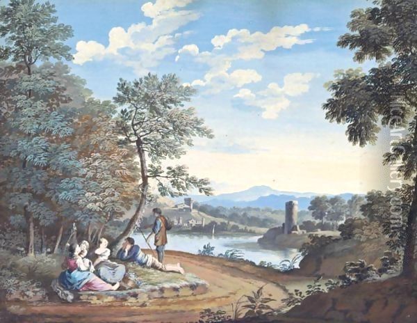 A Landscape With Figures Resting By A River, A Tower To The Right And Buildings In The Background Oil Painting - Giovanni Battista Busiri