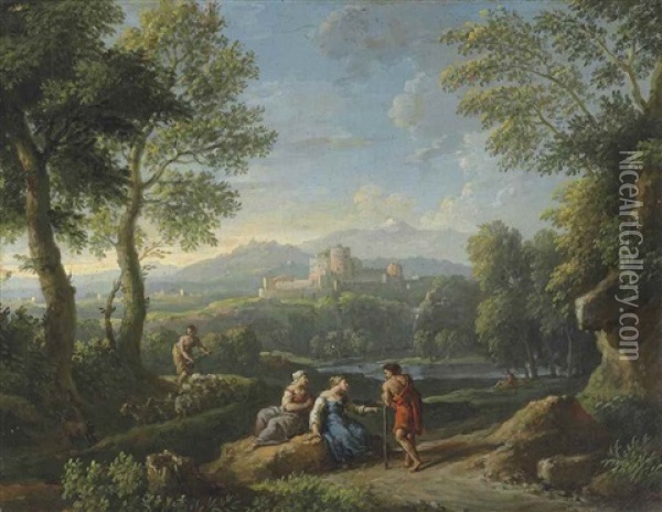 An Extensive Wooded River Landscape With Travellers Resting By A Path And A Shepherdess Herding Goats And Sheep, A Fortified Town Beyond Oil Painting - Jan Frans van Bloemen