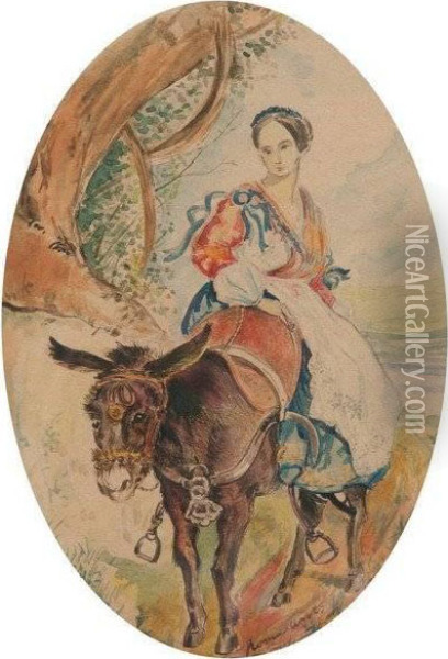 Peasant Woman On A Mule Oil Painting - Karl Brulloff