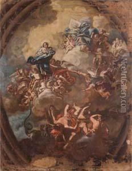 L'arcangelo Scaccia Gli Angeli Ribelli Tra La Madonna In Cielo E Dio Padre Oil Painting - Nicola Maria Rossi