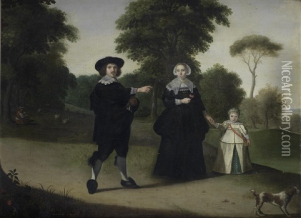Portrait Of A Gentleman And His Family With Their Dog In An Open Landscape Oil Painting - Gerard van Donck