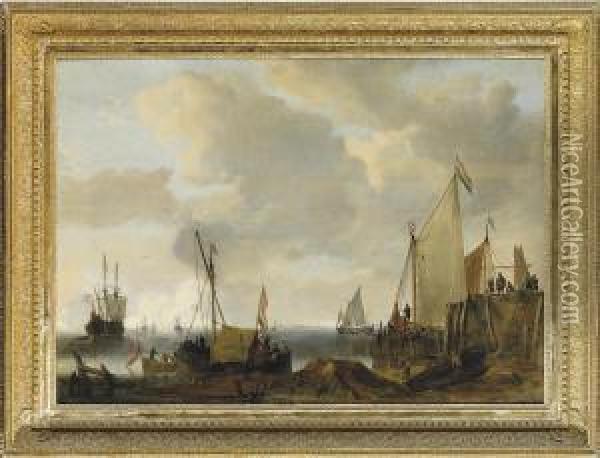 A Coastal Landscape With Dutch Shipping In Dock, At Anchor And Atsea Oil Painting - William Velde Van De Bonfield