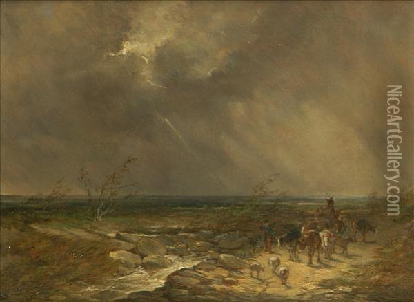 Height Ofthe Storm, Extensive East Anglian Landscape With Drovers, Cattleand Sheep Oil Painting - Thomas Smythe