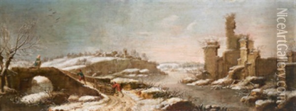 Winterlandschaft Mit Einem Verfallenen Kastell Und Holzfallern, Die Einen Beladenen Schlitten Ziehen Oil Painting - Francesco Foschi