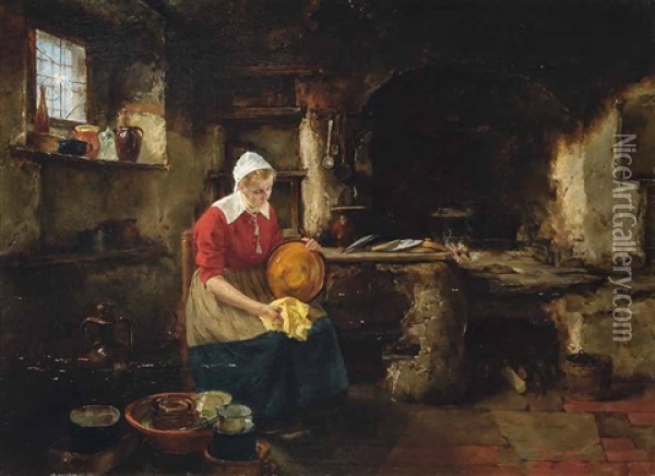 Ein Madchen Mit Kopftuch Sitzt In Der Kuche Und Putzt Eine Schussel Oil Painting - Alfons Spring