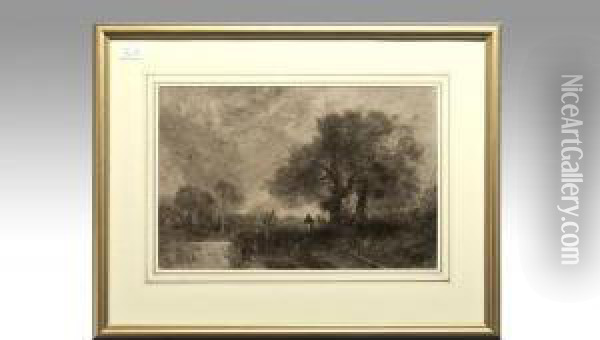 Figure & Trees By A River Oil Painting - George Sheffield