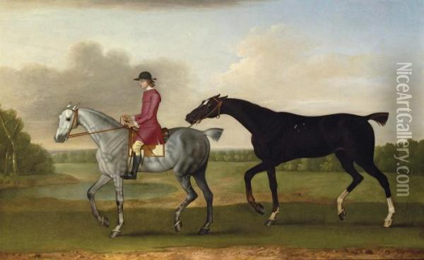 A Liver Chesnut Racehorse Led By A Mounted Groom In A Woodedlandscape Oil Painting - James Seymour