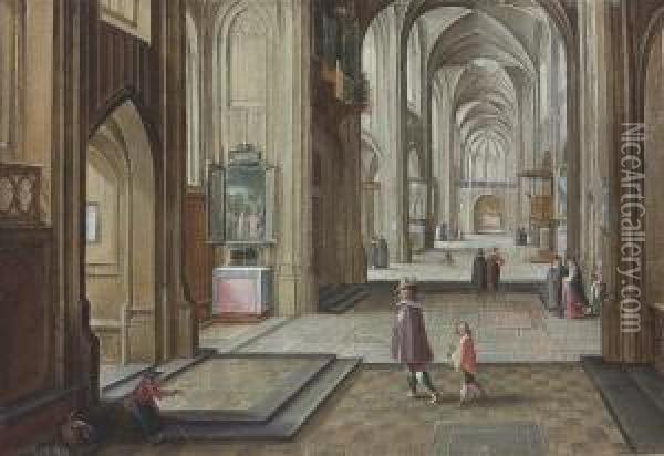 The Interior Of A Gothic Cathedral, With Elegant Figures Oil Painting - Hendrick van, the Younger Steenwyck