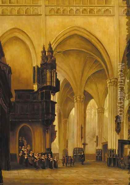 A church interior with figures Oil Painting - Jan-Baptiste Tetar van Elven