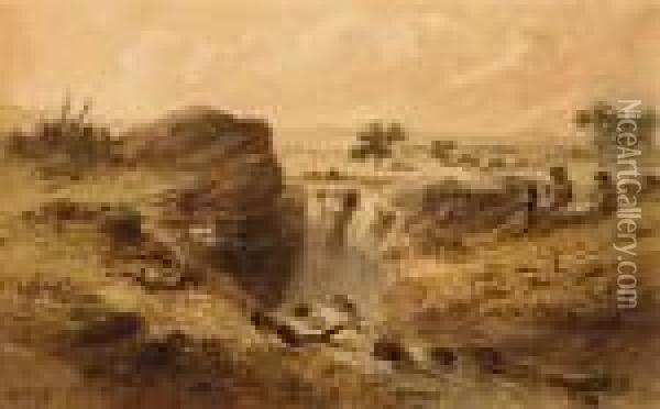 Waterfall With Aborigines Oil Painting - Samuel Thomas Gill