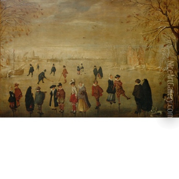 Elegant Couples Strolling And Playing Kolf On The Ice Oil Painting - Hendrick Avercamp
