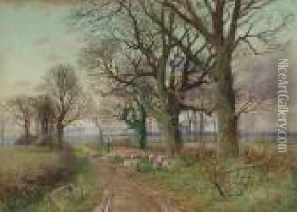 A Shepherd Driving A Flock Of Sheep Along A Country Lane Oil Painting - Henry Charles Fox