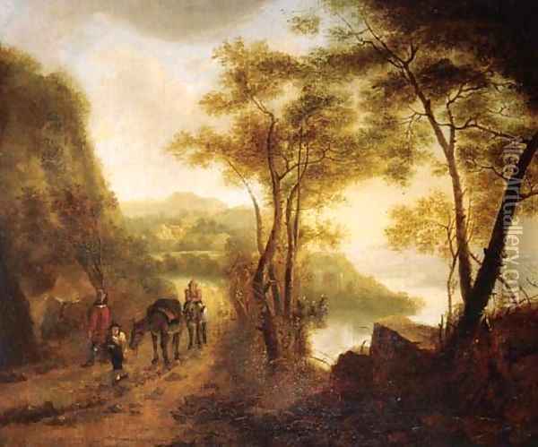Travellers on a path overlooking a valley in an Italianate landscape Oil Painting - Jan Both