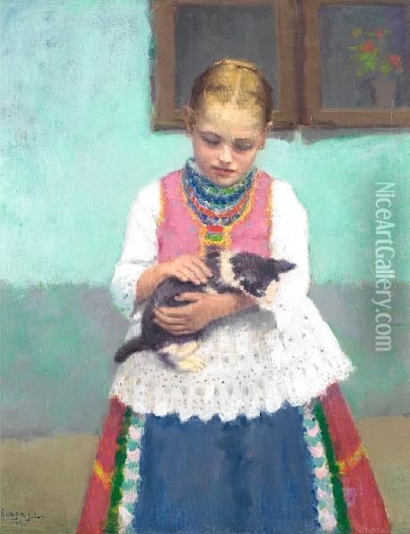 Playing With A Kitten Oil Painting - Janos Laszlo Aldor