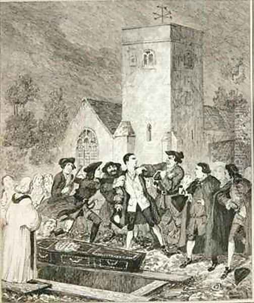 Jonathan Wild seizing Jack at his mothers funeral in Willesden Churchyard Oil Painting - George Cruikshank I