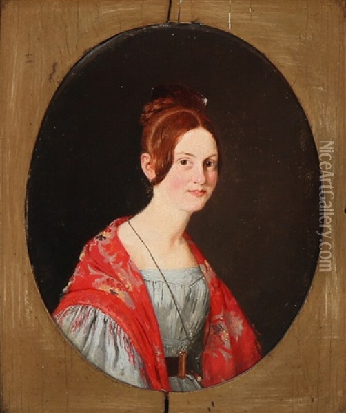 Portrait Of A Lady In A Grey Dress And Floral Silk Shawl Oil Painting - Jorgen Roed