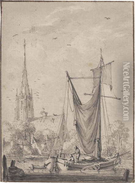 A Fishing Vessel In A Harbour, A Church Beyond Oil Painting - Hendrik Meijer