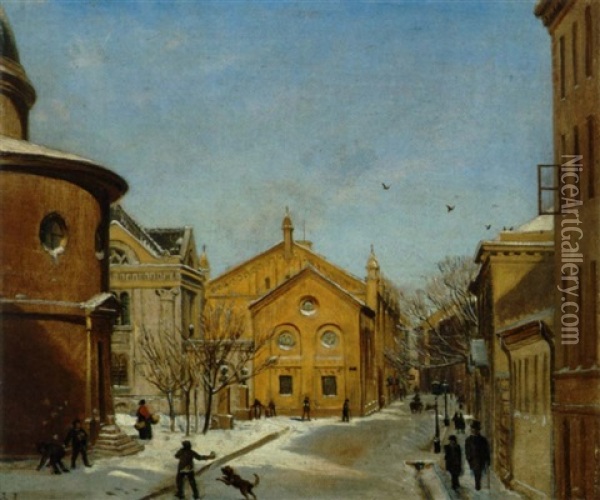 En Vinterdag I Fiolstraede Med Frue Kirke, Universitetet Og Universitetsbiblioteket Oil Painting - Olaf August Hermansen