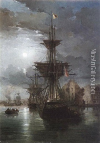 Port D'honfleur Au Crepuscule Oil Painting - Gaston Marie Anatole Roullet
