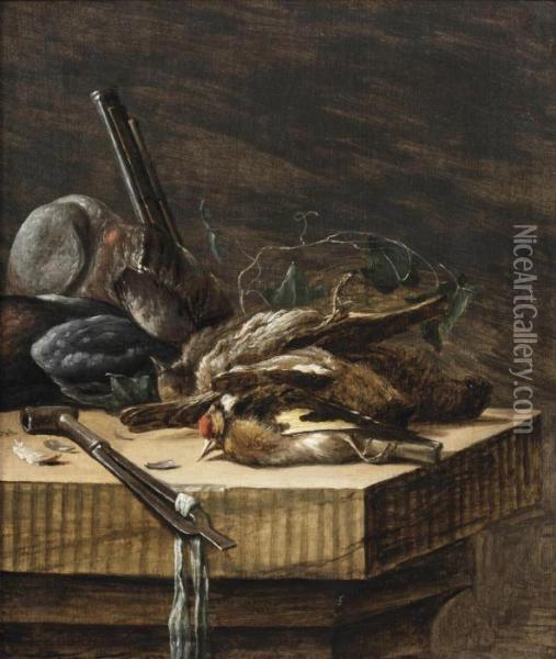 A Still Life Of Game Birds And Hunting Paraphernalia On A Stone Ledge Oil Painting - Salomon van Ruysdael