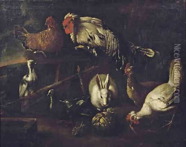 A rooster, chickens, pigeons and a hare outside a stable in a landscape Oil Painting - Jacomo (or Victor, Jacobus) Victors