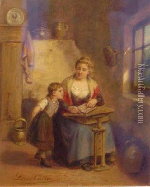 Mother And Daughter In An Interior Oil Painting - Leon Caille