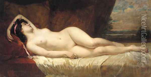 A reclining nude with a landscape beyond Oil Painting - Georg Papperitz