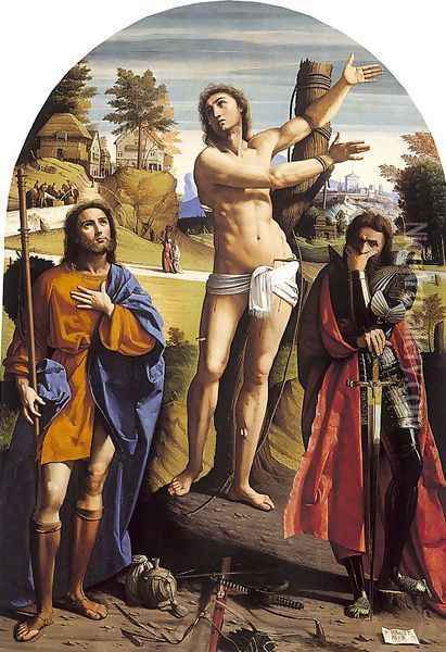 Saint Sebastian with Saints Rock and Demetrius 1520 Oil Painting - Giovanni Battista Benvenuti (see Ortolano)