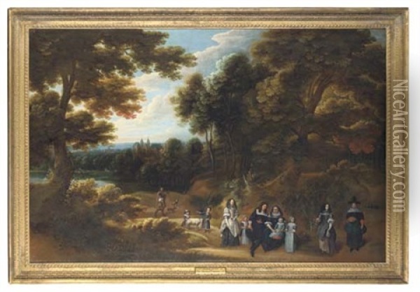 Group Portrait Of A Family In A Wooded Landscape With A Lake And Castle Beyond (collab. W/gillis Van Tilborgh) Oil Painting - Jacques d' Arthois