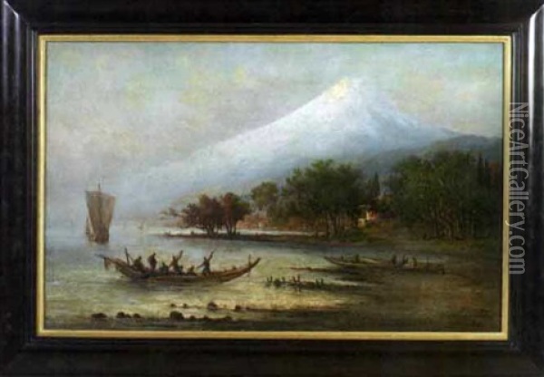 View Of Mount Fuji With Fishing Craft In The Foreground Oil Painting - Fritz Siegfried George Melbye