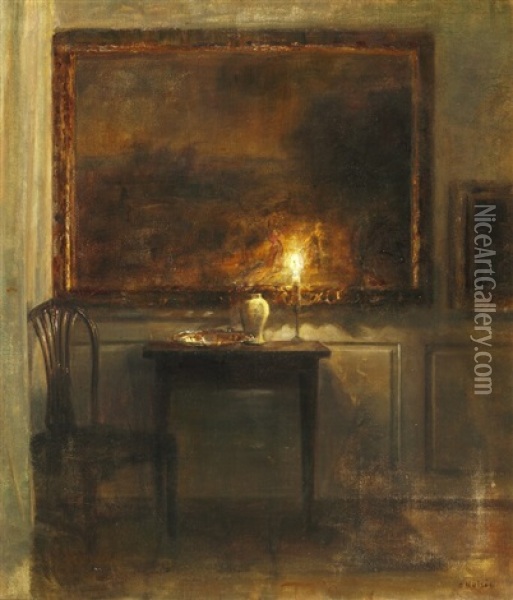 Interior With A Candle On A Table Oil Painting - Carl Vilhelm Holsoe