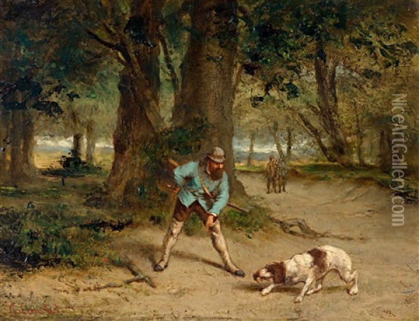 Hunter With His Dog In A Forest Landscape Oil Painting - Gustave Courbet