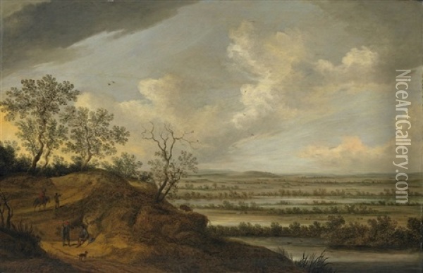 Weite Flusslandschaft Mit Wanderern Und Reiter Oil Painting - Johannes Pietersz Schoeff