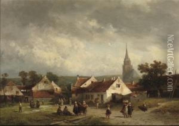 A View Of Scheveningen With Figures Strolling Oil Painting - Salomon Leonardus Verveer