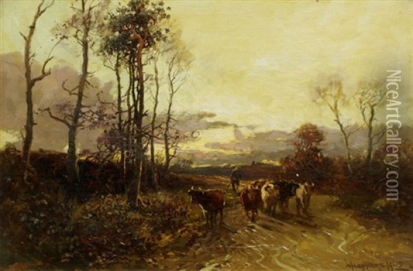Driving Cattle, Late Afternoon Oil Painting - William Manners