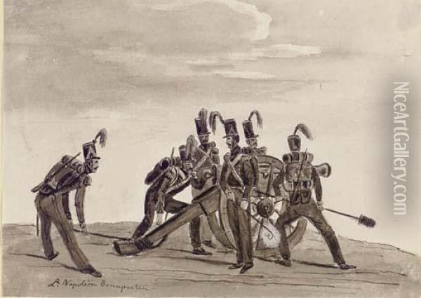 A Team Of Artillierymen Preparing A Field Gun Oil Painting - Charles Louis Napoleon Bonaparte