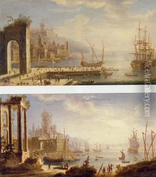 Mediterranean Port Scene With Classical Ruins Oil Painting - Orazio Grevenbroeck