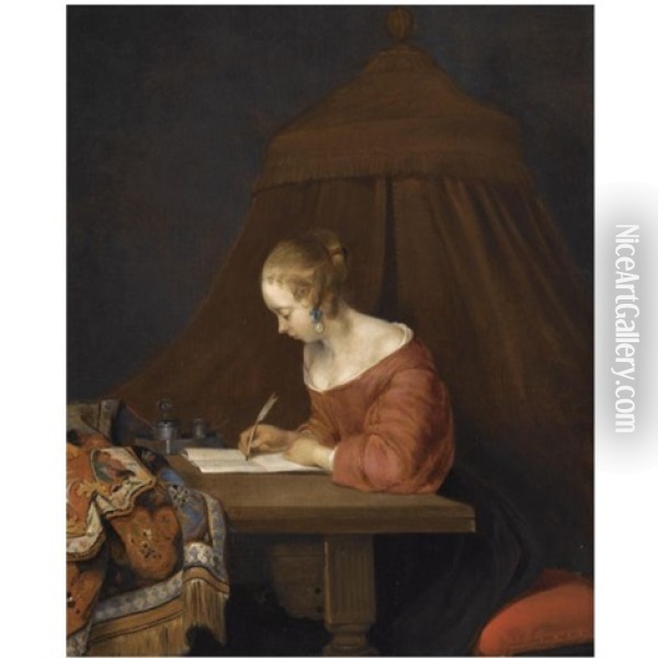 A Young Lady Writing At Her Desk Oil Painting - Gerard ter Borch the Younger