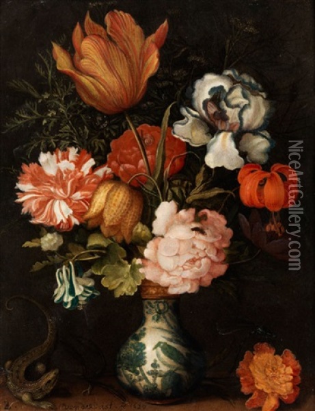 Stilleben Mit Blumenstrauss In Einer Wan-li Vase Mit Einer Eidechse Oil Painting - Balthasar Van Der Ast