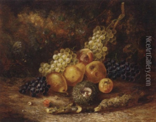 Grapes, Pears, Apples, A Peach And A Bird's Nest With Eggs, On A Mossy Bank Oil Painting - Thomas Whittle the Elder