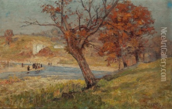 Landscape With Figures Beside A River's Bend Oil Painting - Theodore Clement Steele