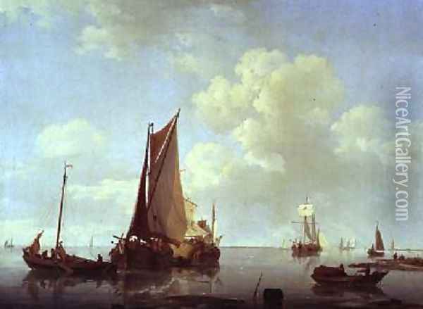 Dutch sailing barges in a calm offshore Oil Painting - Hermanus Koekkoek