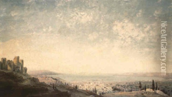 Smyrna From The Citadel On Mount Pagus, The Cesme Peninsula... Oil Painting - Carlo Bossoli