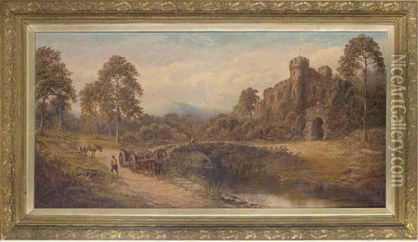 Workers Logging Outside A Castle Oil Painting - Henry Harris
