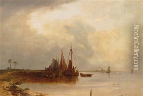 Jetty On The River Oil Painting - Ludwig Hermann
