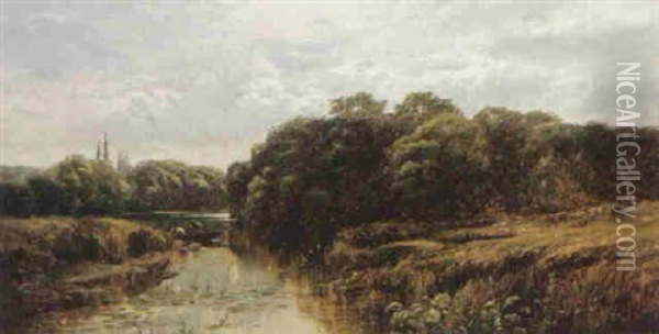 Figures In A Punt In A Wooded River Landscape Oil Painting - Alfred Augustus Glendening Sr.
